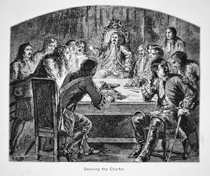 Sir Edmund Andros követeli a Connecticuti Charta feladását 1687-ben, hogy létrehozzák az Új-Anglia uralmát (litho) alkotó: School American