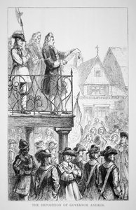 Sir Edmund Andros 1686-ban kikiáltja Új-Anglia uralmát saját kormányzóként (litho) alkotó: School American