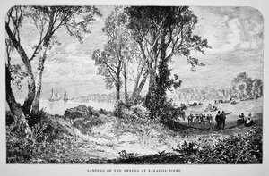Svéd telepesek szállnak partra a Delaware folyó melletti Paradise Pointban 1638-ban (litho) alkotó: School American