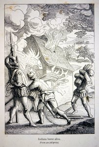 A spanyolok Amerikában felgyújtanak egy indián falut (litho) alkotó: School American