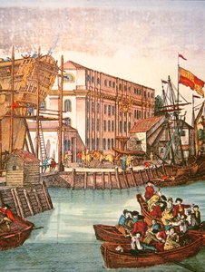 Kilátás a New York-i kikötőre a 18. század közepén (színes litó) alkotó: School American