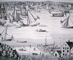 Kilátás az East Riverre, New York 1750 körül egy hajóépítő központtal (litho) alkotó: School American