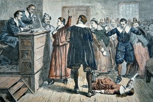 Salemi boszorkányok – egy lány, akit megbabonáztak egy tárgyaláson 1692-ben (színes litó)
