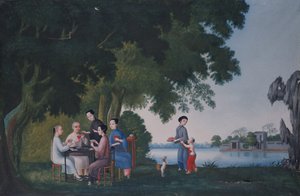 Kínai játékkártyák a folyó mellett (olaj, vászon) alkotó: School Anglo Chinese