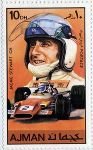 Arab Emírségek bélyegzője, amely Jackie Stewart skót autóvezetőt ábrázolja (Ne 1939)