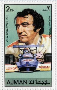 Az Egyesült Arab Emírségek bélyegzője Clay Regazzoni (Ne 1939) svájci autóvezetőt ábrázoló.