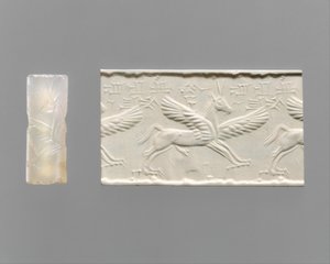 Hengerpecsét és modern benyomás: szárnyas ló karmokkal és szarvakkal, Kr.e. 14–13. század (kalcedon)