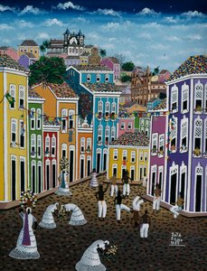 Utcaképet ábrázoló naiv művészeti festmény, Bahia állam, Brazília