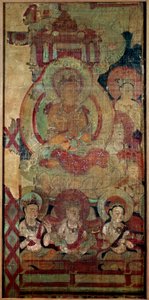 Kínai művészet: Boddhiszatvák (vagy Bodhiszatvák) csoportja. selyemfestés. 10. századi Touen Houang-dinasztia, Musee des Arts Asians de Guimet, Párizs. alkotó: School Chinese