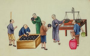 Kínai kereskedők tesztelik és mérik az ópiumot a „The Evils of Opium Smoking” című filmből alkotó: School Chinese
