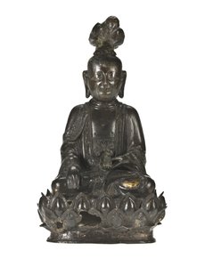 Guanyin, az irgalom kínai istennőjének figurája egy lótuszmintás alapon ülő hollóval a fején, bal kezében pedig egy nyúllal. alkotó: School Chinese