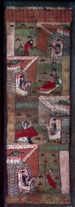 Buddha élete: Sziddhárta 4 találkozásának epizódja: egy öreg, egy nyomorult, egy beteg és egy grabate. Festészet, 8-10. század, Tang-dinasztia. Párizs, Musee Guimet alkotó: School Chinese