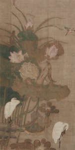 Lótuszok, rovarok, és madarak, függő tekercs alkotó: School Chinese