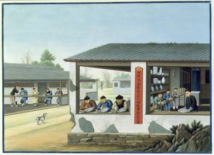 Porcelángyártás, kék színű díszítés (gouache és akvarell, papír) alkotó: School Chinese