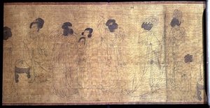 Palace Ladies at Leisure Handsroll, részlet a kimenni készülő hölgyekről, Wen-chu Chou eredetije (fl.970) Southern Sung korszak, 1140 körül (tinta és pigment a selymen) nyomán (lásd még: 114250) alkotó: School Chinese