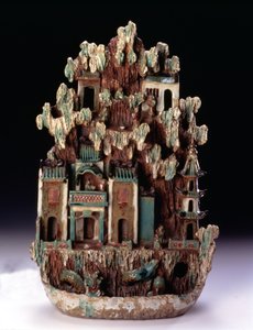 Taoista hegyi paradicsom a Penglai-on, a Shiwan kemencékben készült, Guangdong tartomány, Qing-dinasztia 1644-1912, 19. század vége (polikróm és aranyozott kőedény) alkotó: School Chinese