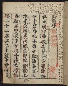 A Rongo 論語 vagy "Analects of Confucius" címlapja, 1390-1450 körül nyomtatva (vellum) alkotó: School Chinese