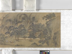 Utazók egy folyóparti faluban, dátum ismeretlen (tus és szín, selyem) alkotó: School Chinese