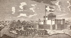 Fredensborg dán gyarmati erőd, Ningo, Ghána, ahogyan 1760-ban volt, az "Afrika, dets Opdagelse, Erobring og Kolonisation" című, 1901-ben Koppenhágában kiadott könyvből (litográfia). alkotó: School Danish