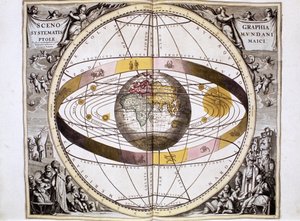 Ptolemaioszi, geocentrikus, Föld-központú világegyetemi rendszer, a Nap, a Hold és a bolygók helyzetével, Andreas Cellarius "Harmonia Macrocosmica" című művéből, Amszterdam, Amszterdam.