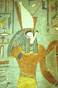 Ókori Egyiptom, festmény, Hórusz, sólyomfejű isten, királyok istene, I. Ramszesz sírja, Théba, Théba alkotó: School Egyptian