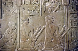 Ókori Egyiptom, Relief/Faragás, Merereuka sírja, Mastaba of Merereuka, 6. dinasztia, Szakkara, A falusi vének kénytelenek beismerni hibás adóbevallásukat a hivatalnokoknak (fotó) alkotó: School Egyptian