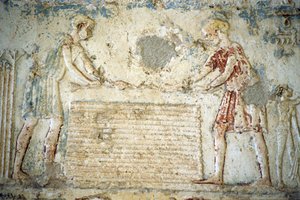 Ókori Egyiptom, falfestmény, Petosiris sírja, Tuna el Gebel, Kr. e. 300, A len betakarítása (fotó) alkotó: School Egyptian