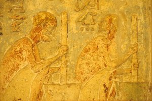 Ókori Egyiptom, falfestés, Petosiris sírja, Tuna el Gebel, Kr.e. 300, Munkások mozsárral és mozsárral dolgoznak (fotó) alkotó: School Egyptian