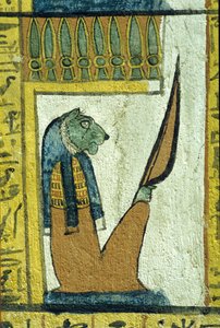 Ókori Egyiptom, Falfestmény, Oroszlánfejű alvilági isten, Szennedzsem sírja, Théba, Deir el Medina, Deir el Medina alkotó: School Egyptian