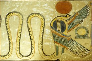 Ókori Egyiptom, falfestmény, Amon hir Khopshef sírja, Uraeus és szárnyas kígyók őrzik a sírkamra bejáratát, 20. dinasztia, Királynők Völgye (fotó) alkotó: School Egyptian