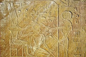 Ókori Egyiptom, falfestmény/fafaragás, Sakhmet címek Amon Ra és Hatsepszut, Karnaki templom, Luxor alkotó: School Egyptian