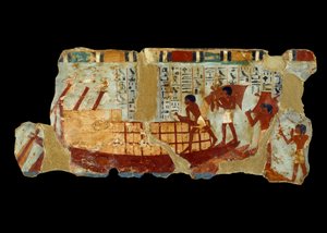 Ókori egyiptomi művészet: gabonák rakodása csónakra Ounou sírjának iszapjára festve (Kr. e. 1450). alkotó: School Egyptian