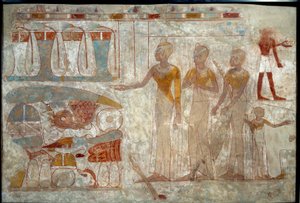 Ókori egyiptomi művészet: zenészek egy banketten. Festmény iszapra (Kr. e. 1400 körül). alkotó: School Egyptian