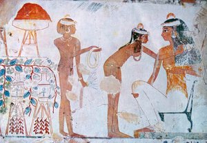 Fesztivál előkészületeket ábrázoló egyiptomi sírfestmény alkotó: School Egyptian