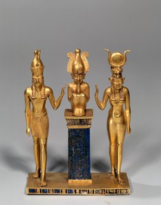 Egyiptomi antikvitás: Ozíriusz triász Osorkon nevében (Ozirist Ízisz és Hórusz veszi körül. Arany medál és lapis lazuli (lapis lazuli). 22. dinasztia, alacsony időszak. Párizs, Louvre Múzeum