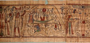 A kozmosz egyiptomi antik allegóriája: Neskapashouty mitológiai papirusza, a kozmogóniát jelképező szemek könyvelője, Geb, Nout, Nephtys, Osiris mellett. Kr.e. 1070-664. 21. dinasztia. V 2,7x0,27 m Párizs, musee du Louvre alkotó: School Egyptian