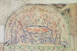 Pamut MS Tiberius C VI f.5v Ünnepi jelenet naptárból, 11. század 3. negyed-12. század 2. fele (pergamen) alkotó: School English