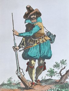 17. század eleji német katona, gyufás muskétával felfegyverkezve (színes metszet)