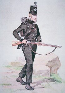 A 95. puskák közkatona, 1810 körül, a londoni Ezekiel Baker által tervezett Baker puskával (színes litó)