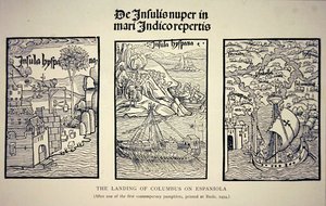 Kolumbusz partraszállása Espaniolán egy 1494-ben Bázelben kiadott korabeli röpirat után (litho) alkotó: School English