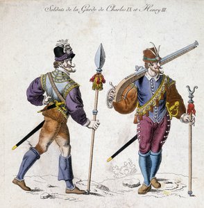 IX. Károly (1550-1574) és III. Henrik (1574-1589) gárda katonáinak jelmezei. alkotó: School French