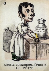 A hét család játéka: A család apja Cornichon- élelmiszerbolt dijoni mustárt készít. Jouier kártyamúzeum, Issy-les-Moulineaux. alkotó: School French