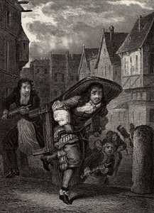 „” Monsieur de Pourceaugnac””” Metszet az angol szerző, Moliere „” műveiből – Jelenet Jean-Baptiste Poquelin dit Moliere (Jean Baptiste Poquelin) „” Monsieur de Pourceaugnac” című darabjából