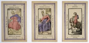 Régi kártyák a király (szőke férfi), a királynő (szőke nő) és a lovas (cél) kupával való játékhoz. Musée de la Carte à Joueur, Issy-les-Moulineaux. alkotó: School French