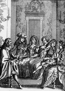 Jean Baptiste Poquelin dit Moliere (1622-1673) „” La critique de l’ecole des femmes”” (1663) című színművének egy jelenetének ábrázolása. alkotó: School French