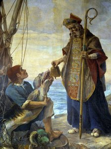 St Pol de Leon egy halon fogadja Batz szigetén azt a harangot, amelyet Márk király elutasított tőle Ouessantban, 530. vers - Morlaix templom festménye alkotó: School French