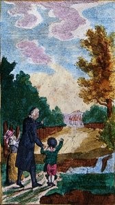 Gyerekek tanárukkal, a „Le Nouveau Chemin du Plaisir”-ból, Nuernbergben, 18. század végén vagy 19. század elején (színes fametszet) alkotó: School German