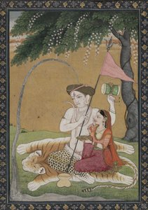 Shiva és Parvati a tigrisbőrön, 1800 körül (akvarell arannyal és ezüsttel) alkotó: School Guler
