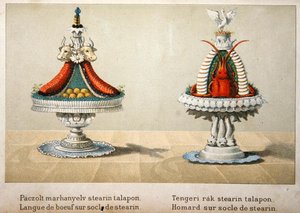 Terv ökörnyelv bemutatásához sztearinágyon és homárhoz, illusztráció egy francia konyhaművészetről szóló magyar szakácskönyvből, 1880 körül (színes litó) alkotó: School Hungarian