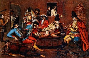 II. Rákóczi Ferenc fejedelem lázadó katonái társaival pihenve (színes litó) (egy tizenhetedik századi magyar festmény nyomán)